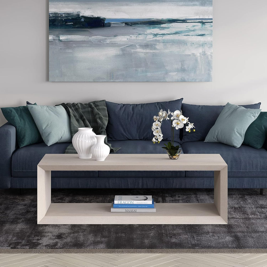 Henn&Hart 58' Rectangular Coffee Table with Open Storage Shelf for Living Room, Family Room, or Office, Beech White