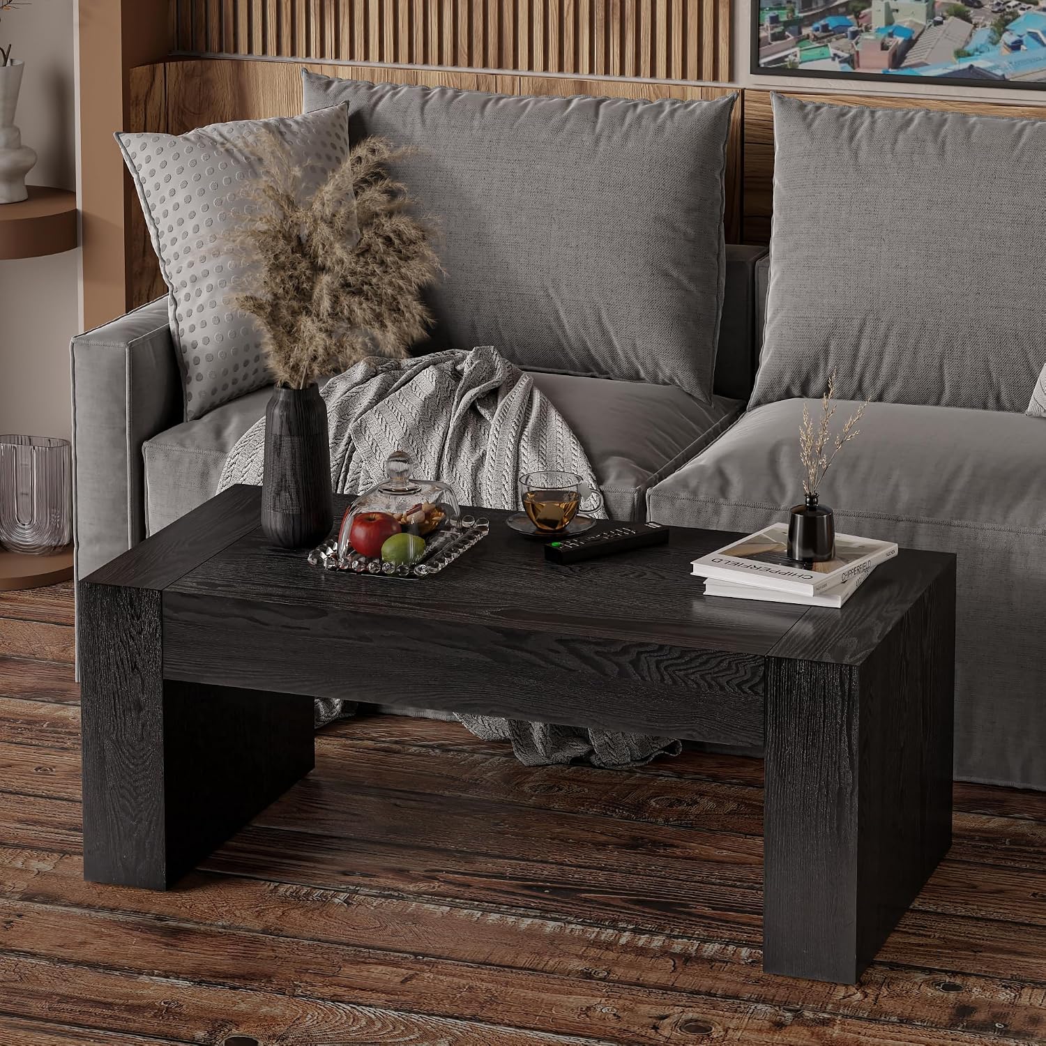 COZAYH Modern Black Wood Coffee Table with Thick Block Legs and Natural Wood Grain, Rectangular Large Center Table for Living Room Decor, Office, Farmhouse, Sturdy