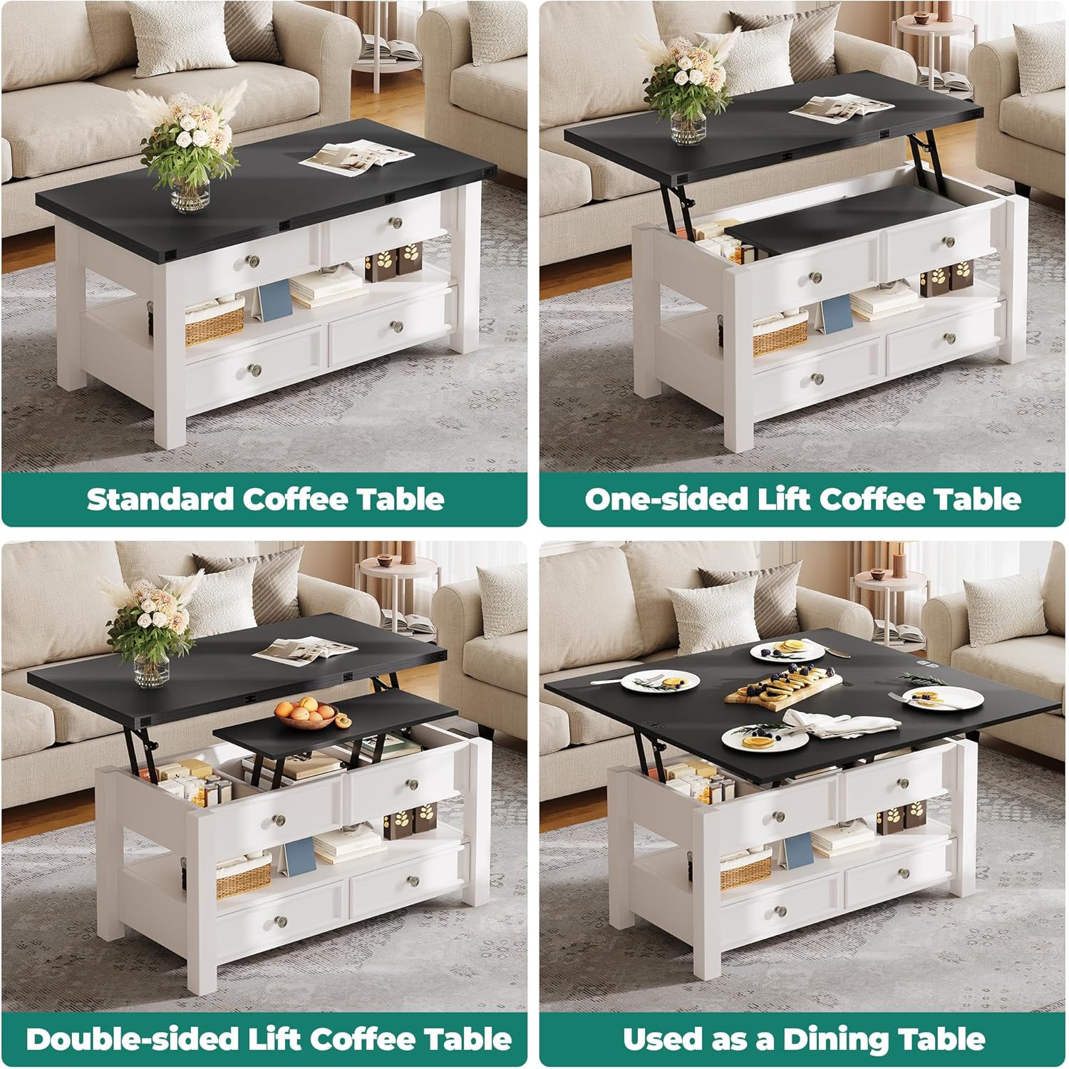 YITAHOME Coffee Table Lift Top, 4 in 1 Multi-Function Convertible Coffee Table with Drawers and Hidden Compartment, Converts to Dining Table for Living Room Home Office, Black Top