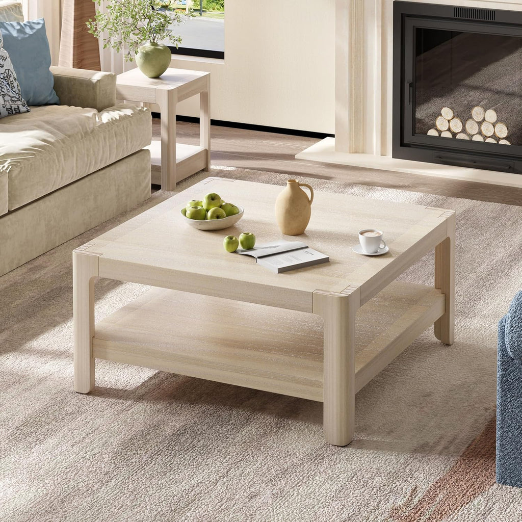 Farmhouse Modern Coffee Table Simple Style Square Cocktail Center Table with Open Shelf for Living Room Furniture, Natural