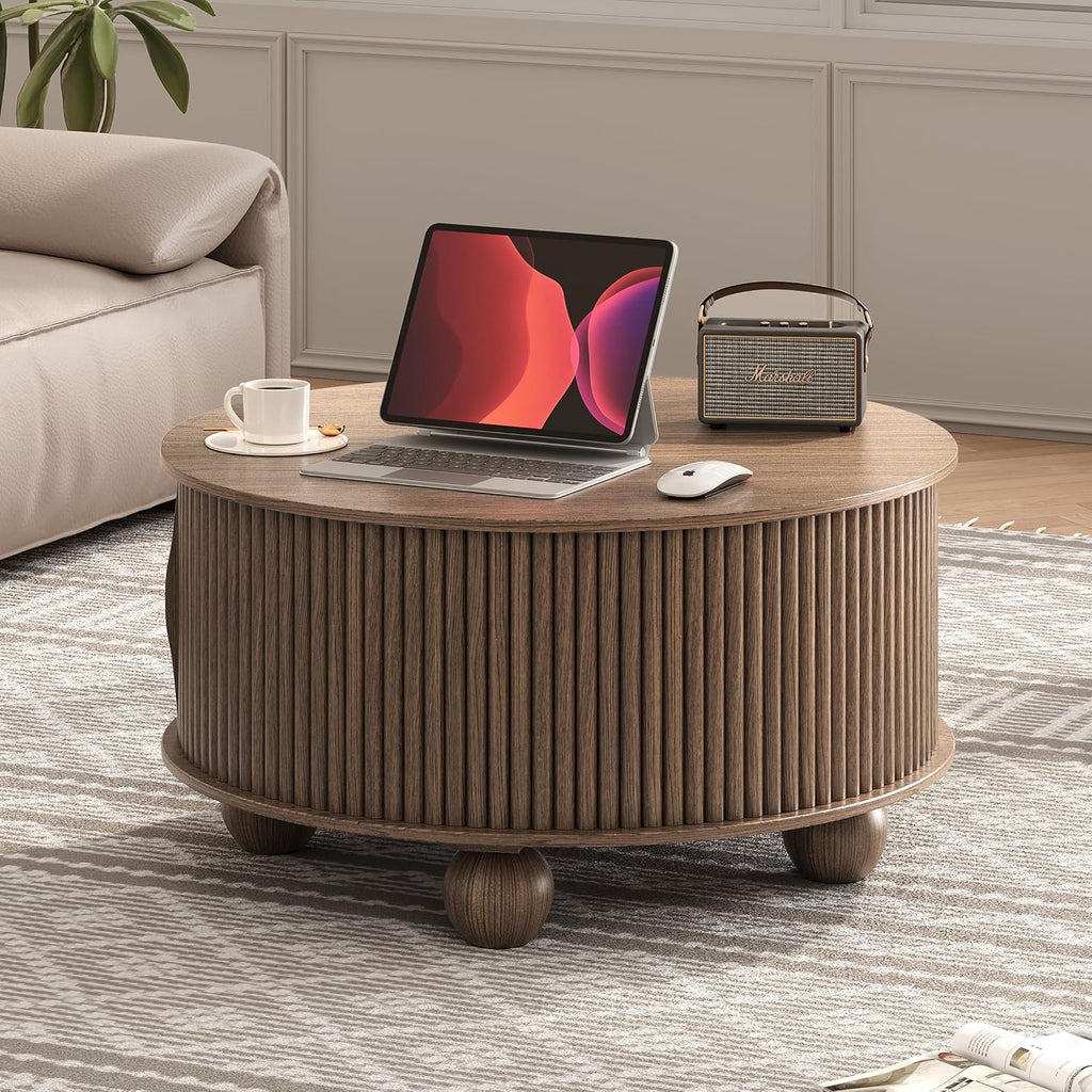 Round Coffee Table with Storage, 31.5' Mid Century Modern Coffee Table with Sliding Door & Bun Feet, Minimalist Fluted Center Table for Living Room, Home Small Space, Walnut