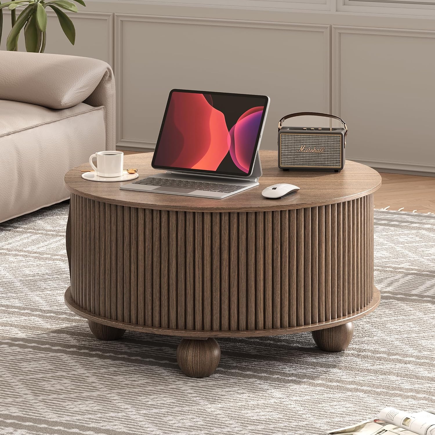 Round Coffee Table with Storage, 31.5' Mid Century Modern Coffee Table with Sliding Door & Bun Feet, Minimalist Fluted Center Table for Living Room, Home Small Space, Walnut