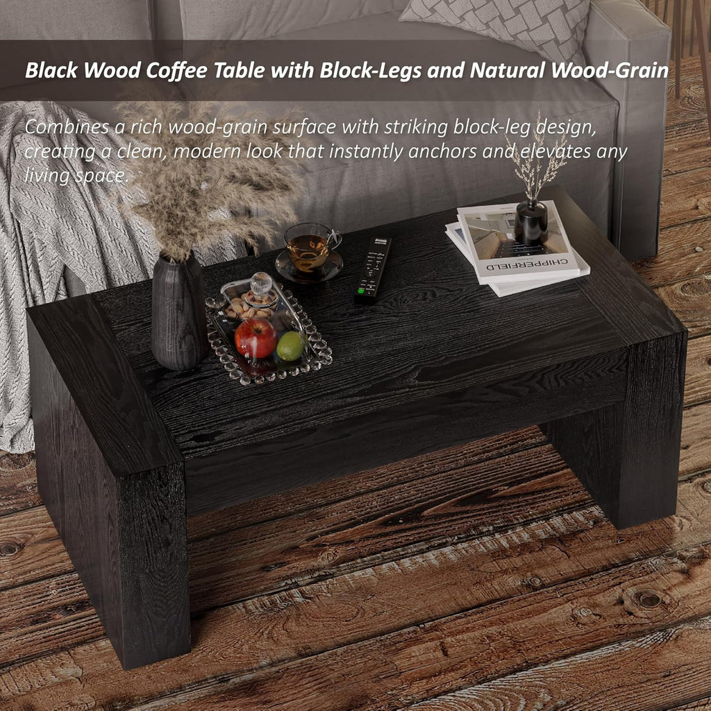 COZAYH Modern Black Wood Coffee Table with Thick Block Legs and Natural Wood Grain, Rectangular Large Center Table for Living Room Decor, Office, Farmhouse, Sturdy