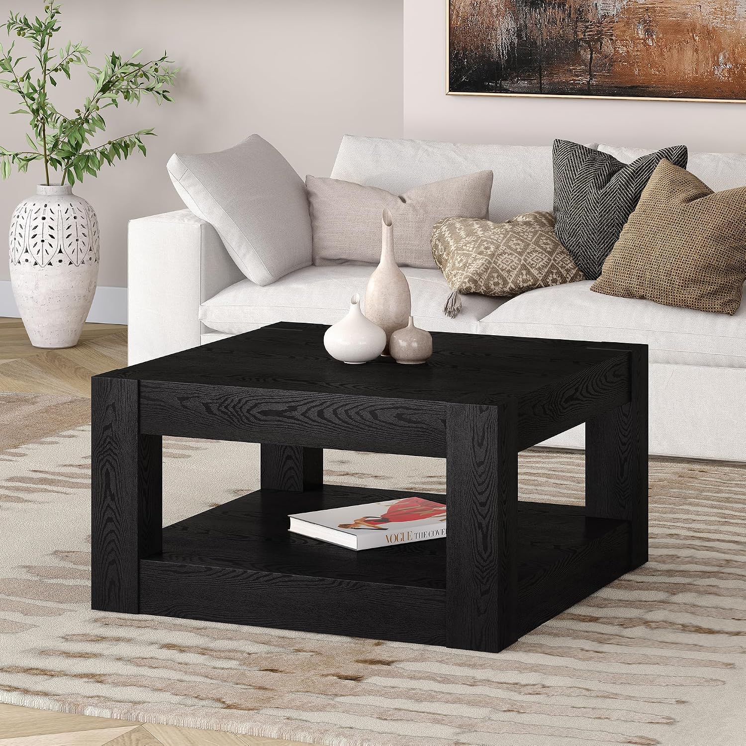 Henn&Hart 32' Wide Square Coffee Table in Natural Black, for Home, Living Room, Bedroom, Entertainment Room, Office