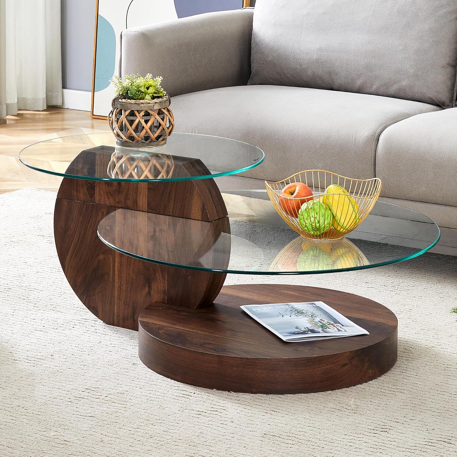 Round Glass Coffee Table, Modern Tempered Glass Coffee Tables for Living Room, 3-Tier Circle Walnut Coffee Table with Storage Clear Cocktail Table for Small Space Home Office
