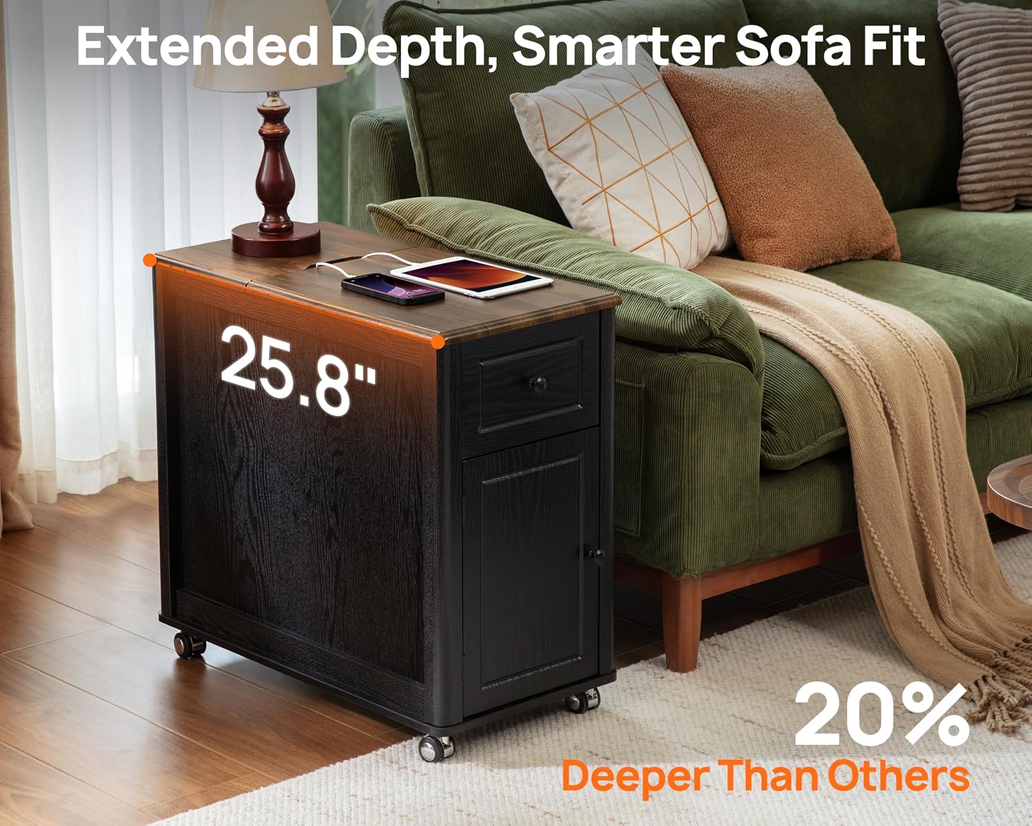 Farmhouse End Table with Wheels & Charging Station, USB-C, Narrow Rolling Side Table with Storage Cabinet and Deep Drawer, Small Nightstand with Hidden USB Ports and Outlets for Living Room, Black