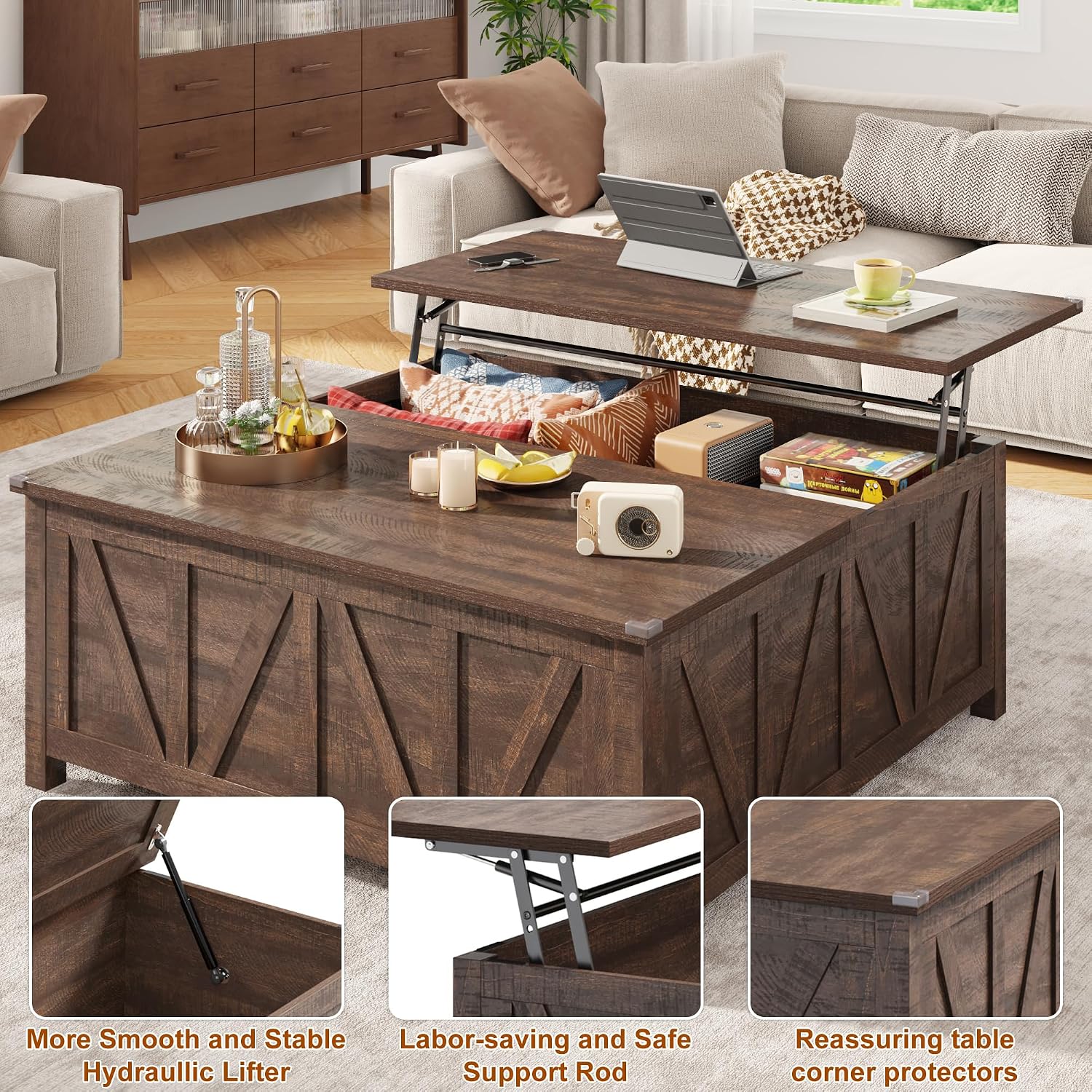 chartustriable 43.3' Lift Top Coffee Table with Storage, Farmhouse Coffee Table with Large Hidden Storage Compartment and Shelves，Square Center Tables for Living Room, Tea Table Dark Brown