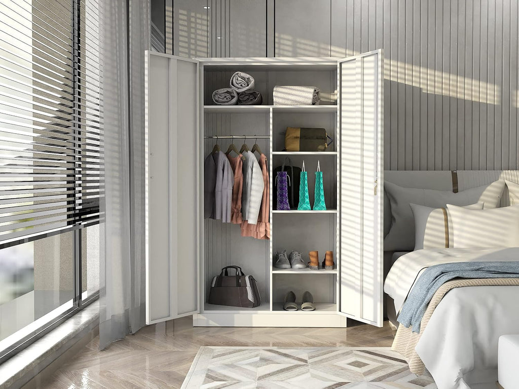 MIIIKO Steel Wardrobe Cabinet with 2 Doors, White Metal Locker Cabinet for Storage with Hanging Rod and 4 Shelves, Lockable Metal Closet for Bedroom, Cloakroom and Home Office