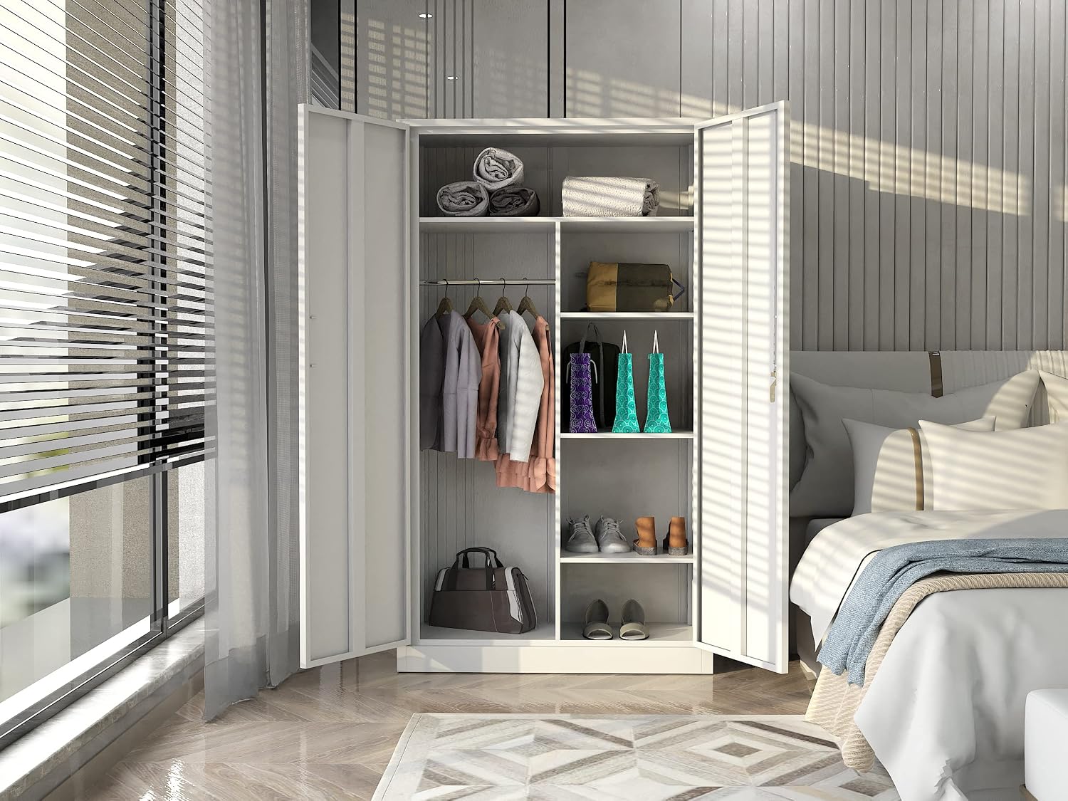 MIIIKO Steel Wardrobe Cabinet with 2 Doors, White Metal Locker Cabinet for Storage with Hanging Rod and 4 Shelves, Lockable Metal Closet for Bedroom, Cloakroom and Home Office