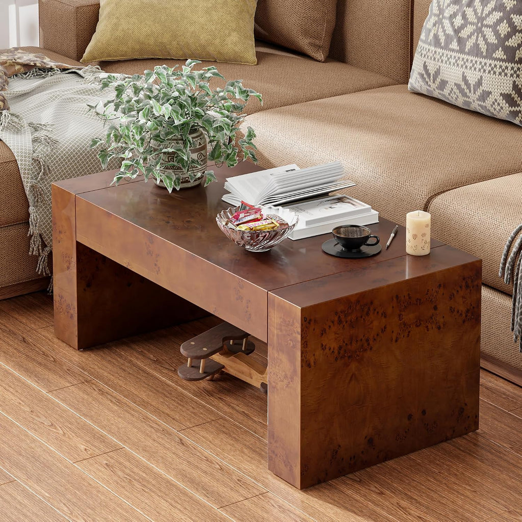 COZAYH Modern Burl Finish Coffee Table, Wood Block Center Table with Thick Legs, Minimalist Rectangular Cocktail Table for Living Room, Dark Brown