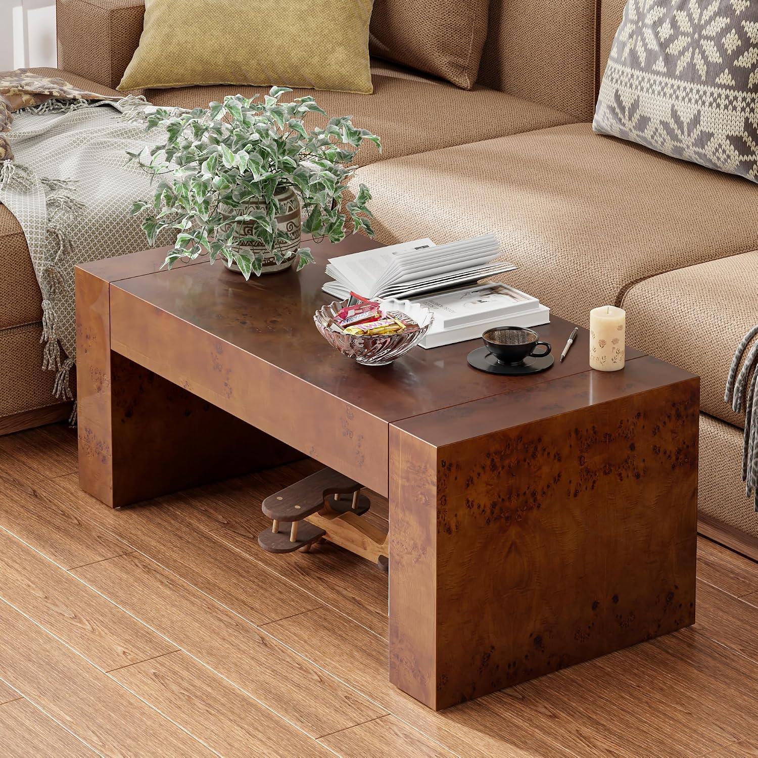 COZAYH Modern Burl Finish Coffee Table, Wood Block Center Table with Thick Legs, Minimalist Rectangular Cocktail Table for Living Room, Dark Brown