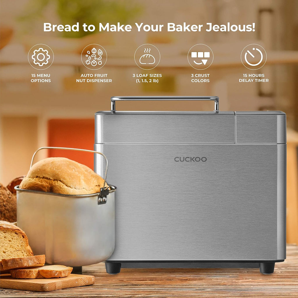 CUCKOO CBM-AAB101S | Multi-Functional Bread Maker | 1 lb, 1.5 lb, & 2 lb. Loaf Options, Crust Color Customization, Auto Fruit & Nut Dispenser, Gluten-Free Option | Stainless Steel (Renewed)
