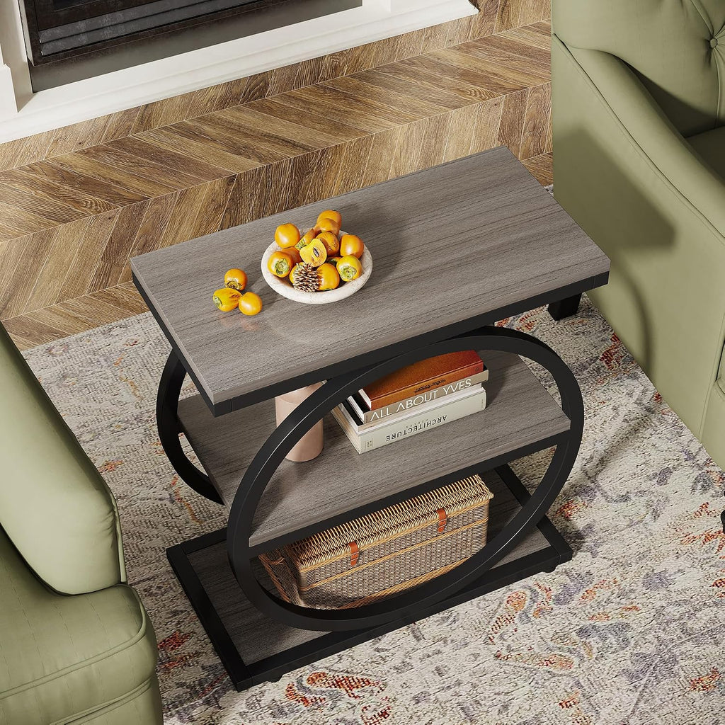 Tribesigns End Table Set of 2, Narrow End Table with 3 Storage Shelves, Wooden Side Table with Metal Frame, Small Sofa Side Table for Living Room, Grey Nightstand and Bedside Table for Bedroom
