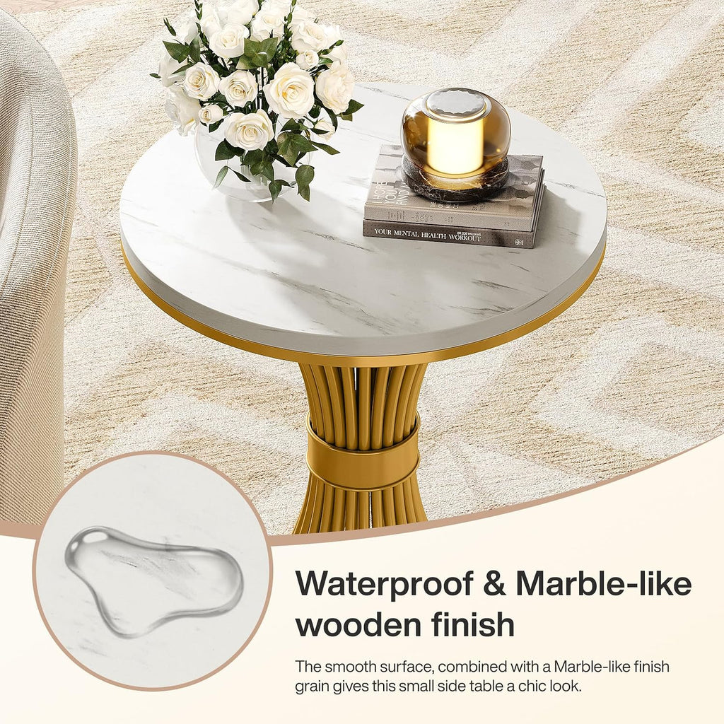 Tribesigns Round End Table, Modern Faux Marble Side Table with Gold Metal Base, Small White Gold Bedside Nightstand, Wooden Accent Table for Living Room, Bedroom, Sofa Side, White & Gold