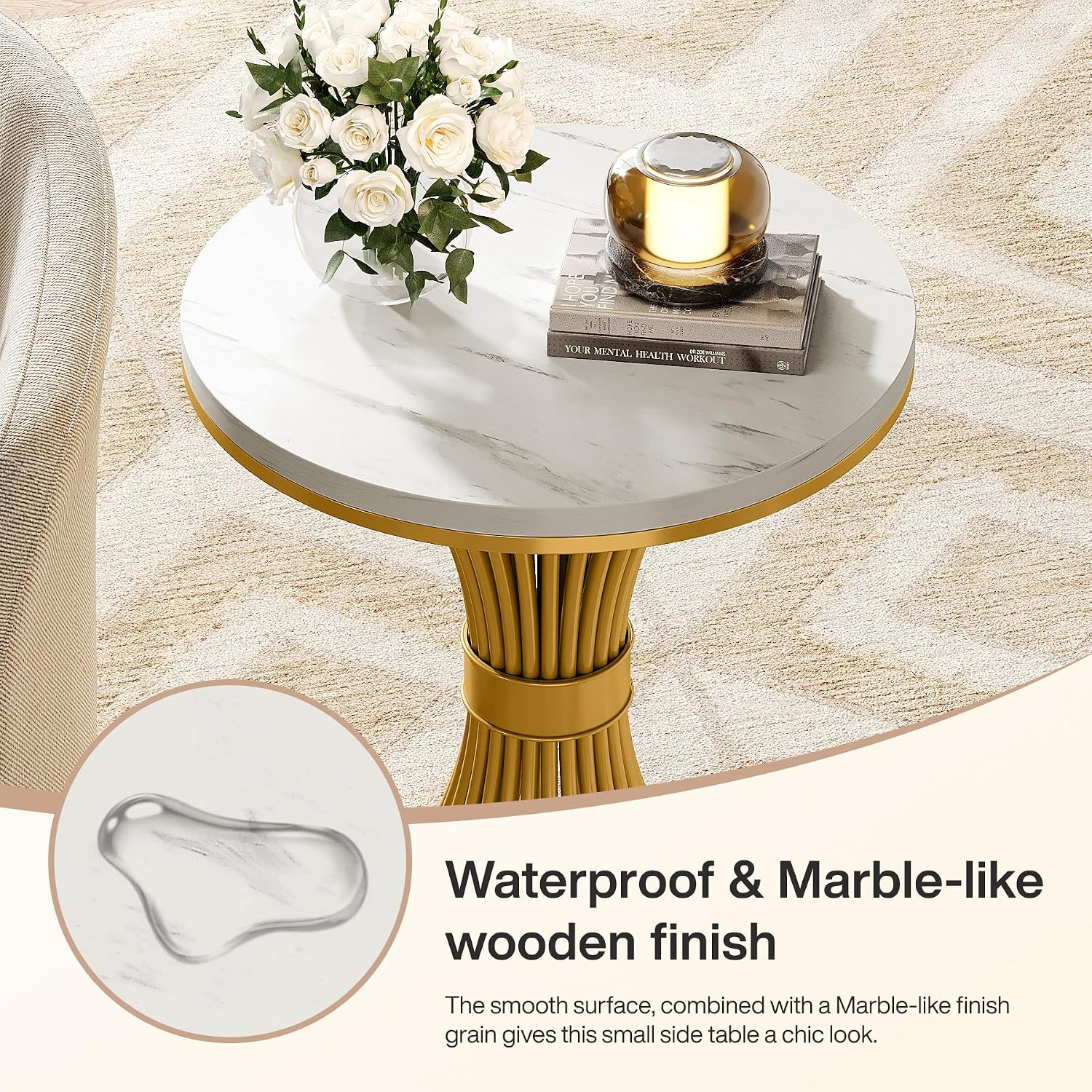 Tribesigns Round End Table, Modern Faux Marble Side Table with Gold Metal Base, Small White Gold Bedside Nightstand, Wooden Accent Table for Living Room, Bedroom, Sofa Side, White & Gold