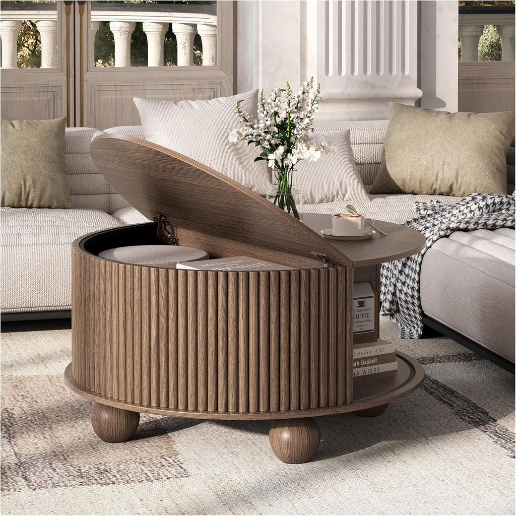 Round Coffee Table with Storage, 31.5' Mid Century Modern Coffee Table with Sliding Door & Bun Feet, Minimalist Fluted Center Table for Living Room, Home Small Space, Walnut