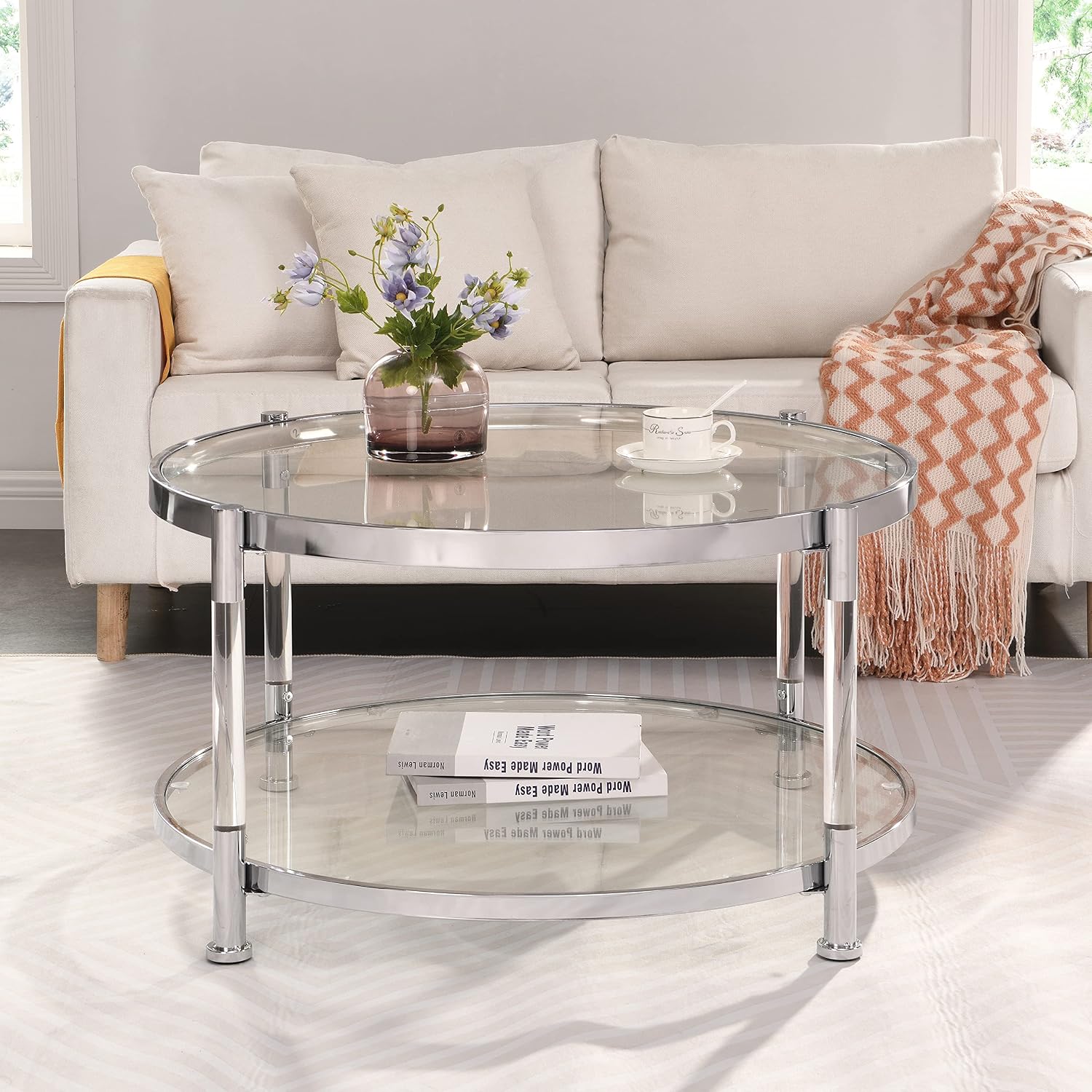 32' Tempered Glass Round Coffee Table Modern Chrome Frame Acrylic Legs Circle Living Room Center Tables