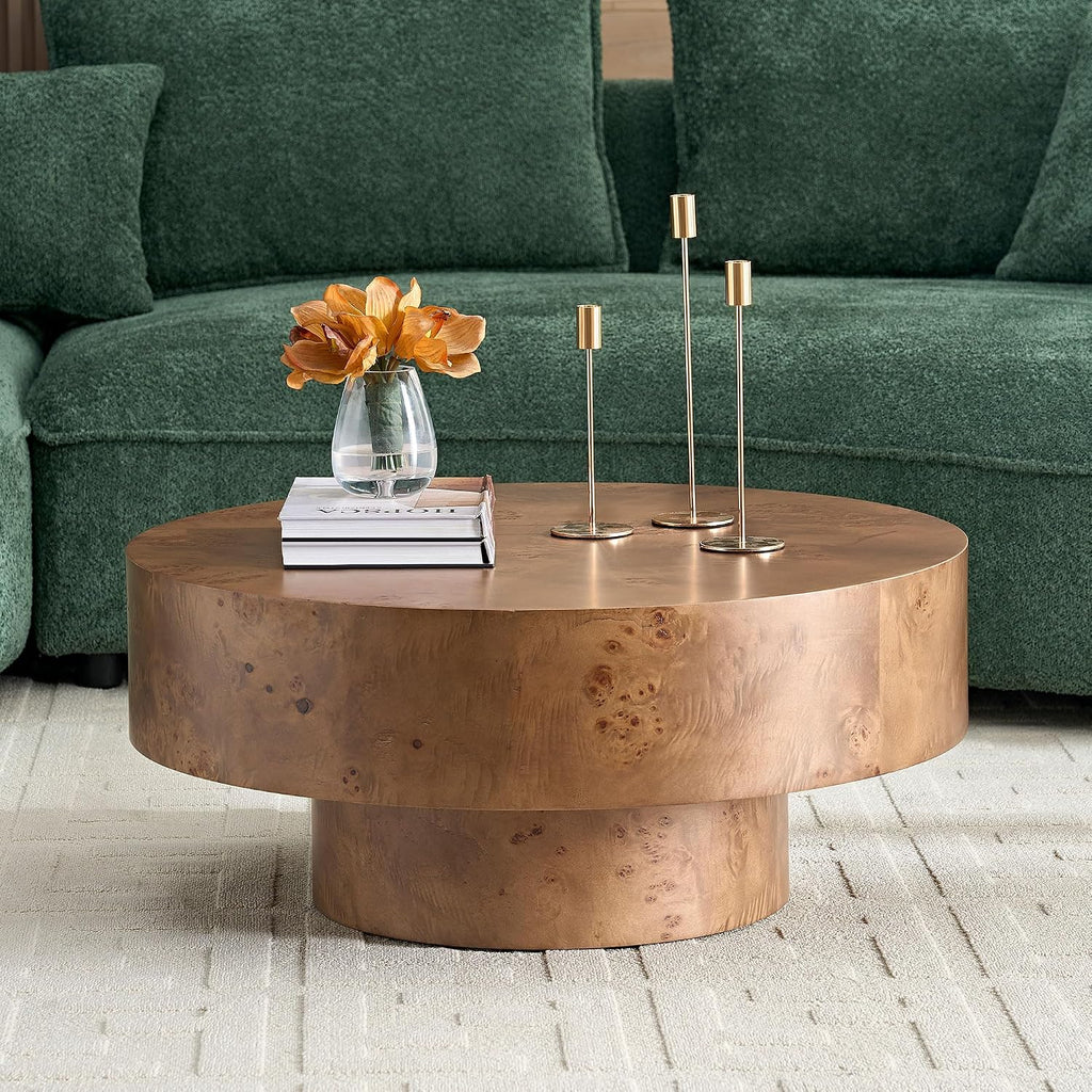 Burl Wood Coffee Table for Living Room Round Wood Coffee Table with Pedestal 31.49' Modern Circle Center Tables Accent Tables for Apartment, Easy Assembly-Brown