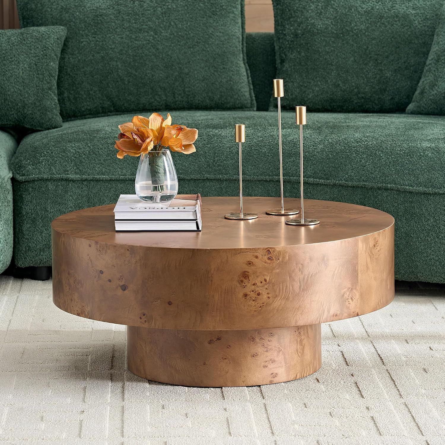 Burl Wood Coffee Table for Living Room Round Wood Coffee Table with Pedestal 31.49' Modern Circle Center Tables Accent Tables for Apartment, Easy Assembly-Brown