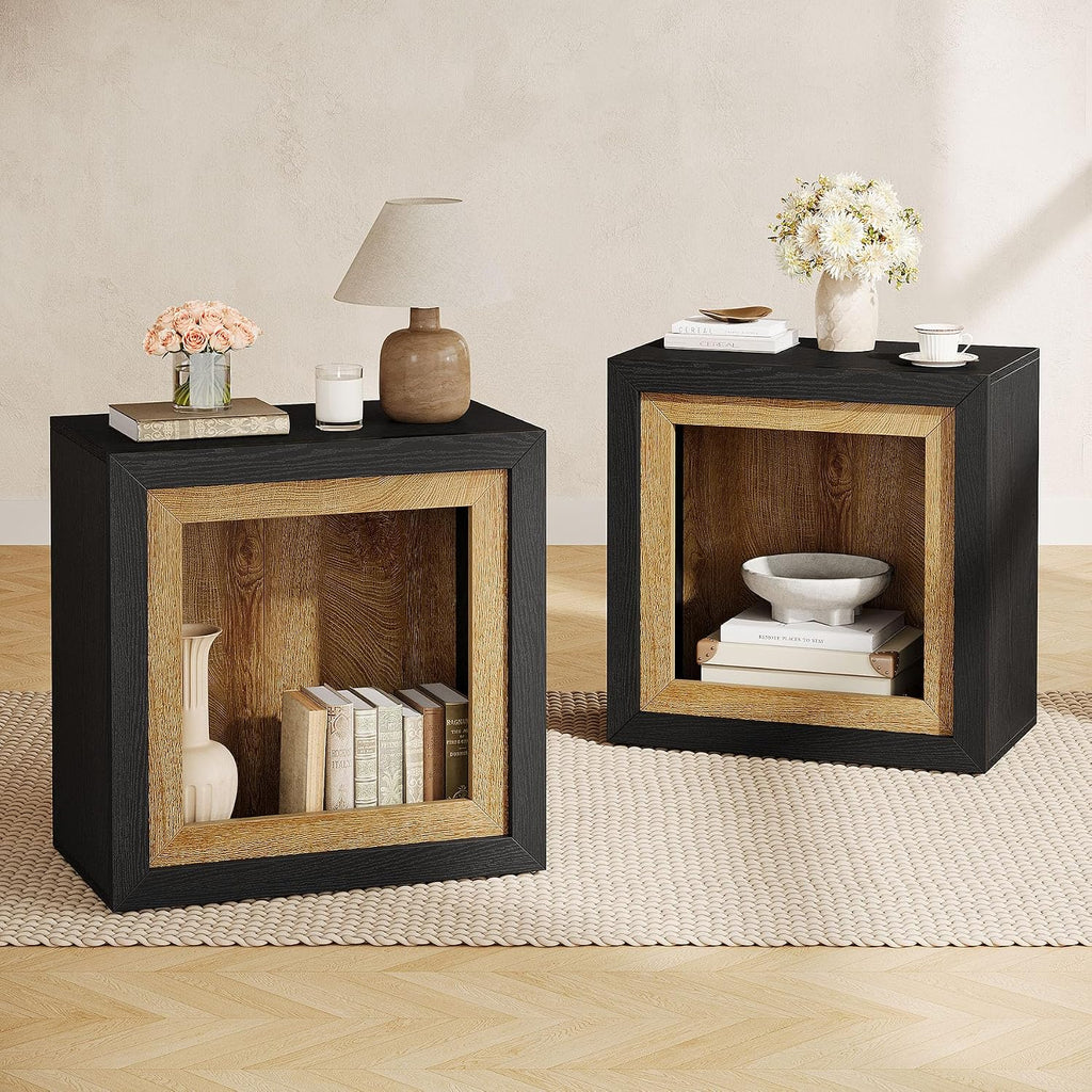 Tribesigns Modern End Table Set of 2 with Frame-Inspired Design, Industrial Wood Set 2 Cube Side Table with Large Storage Shelf, Sofa Couch Tables Accent for Living Room, Entrance