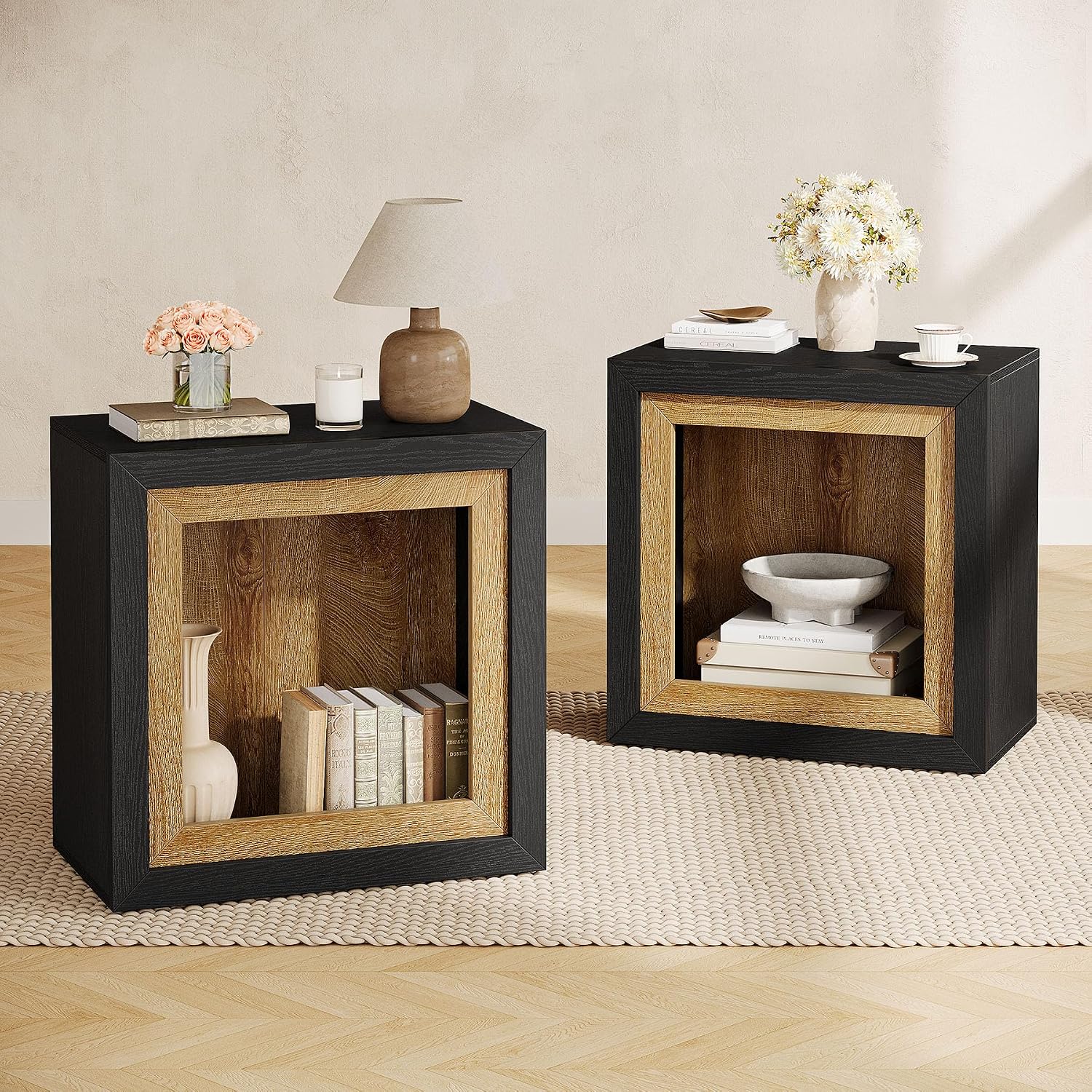 Tribesigns Modern End Table Set of 2 with Frame-Inspired Design, Industrial Wood Set 2 Cube Side Table with Large Storage Shelf, Sofa Couch Tables Accent for Living Room, Entrance