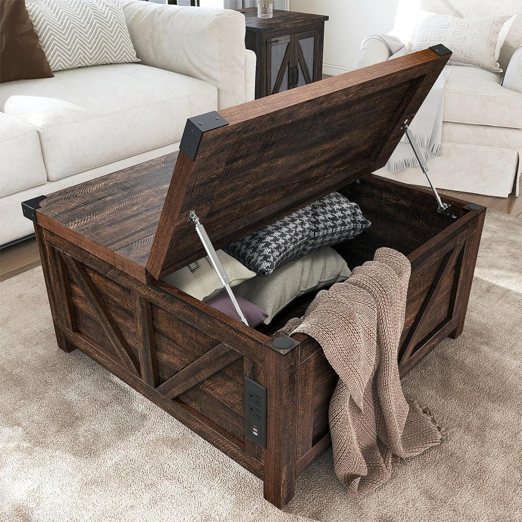 jimeimen Farmhouse Lift Top Coffee Table with Storage, Wood Square Center Table with Charging Station&USB Port, Living Room Table w/Large Hidden Space, for Living Room, Bedroom, Home Office, Brown