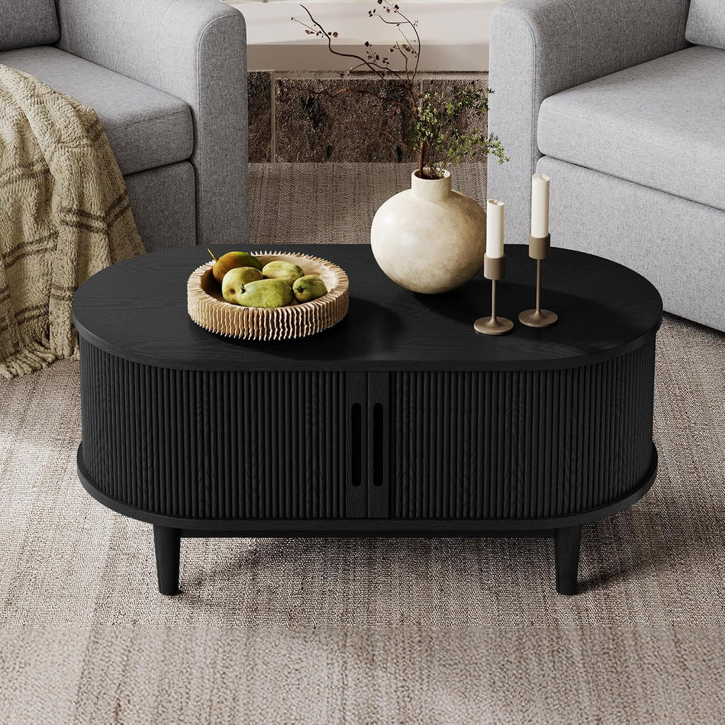 LINSY HOME Round Coffee Table, 31.5' Drum Coffee Table with Sliding Tambour Door, Fluted Accent Center Table with Storage, Mid Century Modern Coffee Table for Living Room (Oval Black)