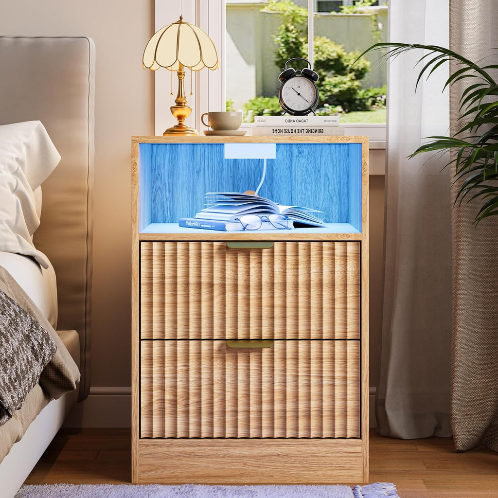 Night Stand Set 2, LED Nightstand with Charging Station, Fluted Nightstands Set of 2 with 2 Drawers, Wood Side Table Living Room, End & Bedside Tables for Bedroom Sofa Office, Natural Oak