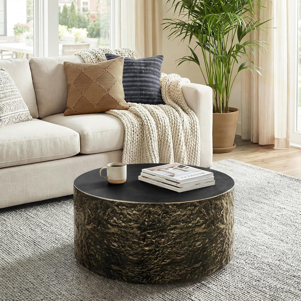 UPHA 28' Round Outdoor Coffee Table, Modern Hollow Concrete Patio Table, Small Minimalist Low Accent Table for Living Room, Balcony, Deck, Backyard, Bronze