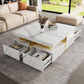 Merax 43.3' Modern Square Storage Coffee Table with 4 Drawers, with Marbling Gold Accents, Functional Center Tables for Living Room Apartment, White