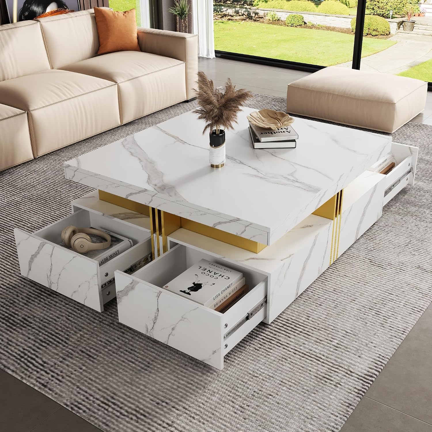 Merax 43.3' Modern Square Storage Coffee Table with 4 Drawers, with Marbling Gold Accents, Functional Center Tables for Living Room Apartment, White