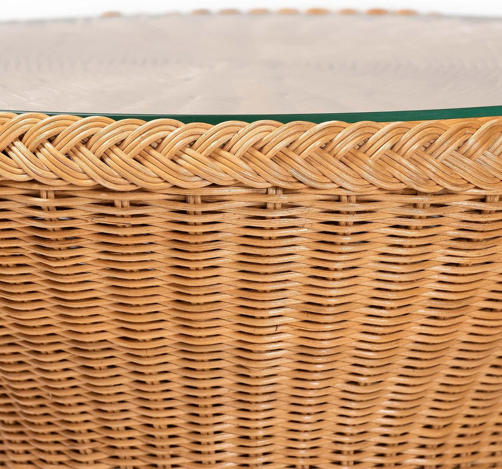 Bali & pari Nina Handwoven Rattan Hourglass Side Table with Glass Top – Boho Wicker Accent Table, Natural Fiber Round End Table for Living Room or Patio