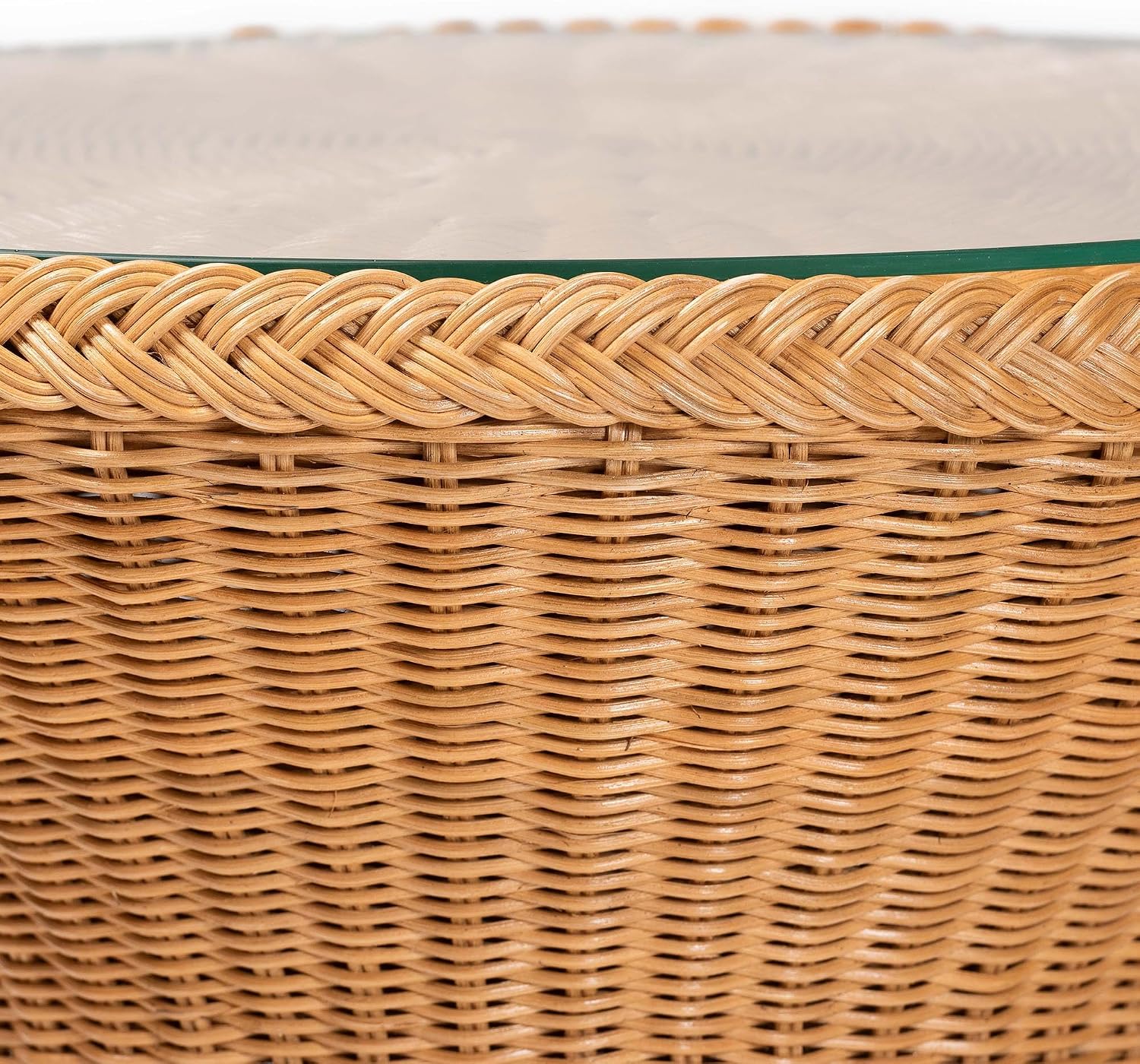Bali & pari Nina Handwoven Rattan Hourglass Side Table with Glass Top – Boho Wicker Accent Table, Natural Fiber Round End Table for Living Room or Patio