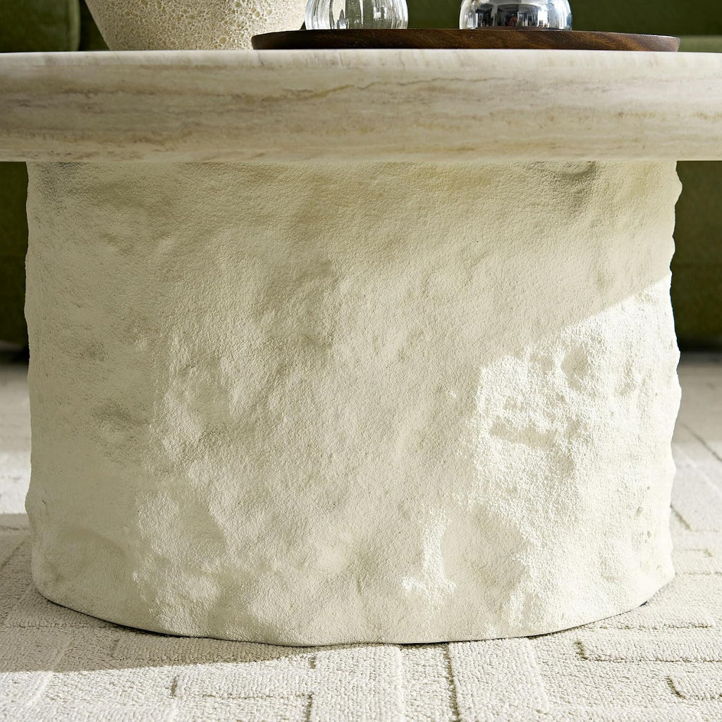 Round Coffee Table, 35.04' Fiberglass Imitation Stone Table Cement Rock Center Table for Living Room Apartment Office, No Need Assembly