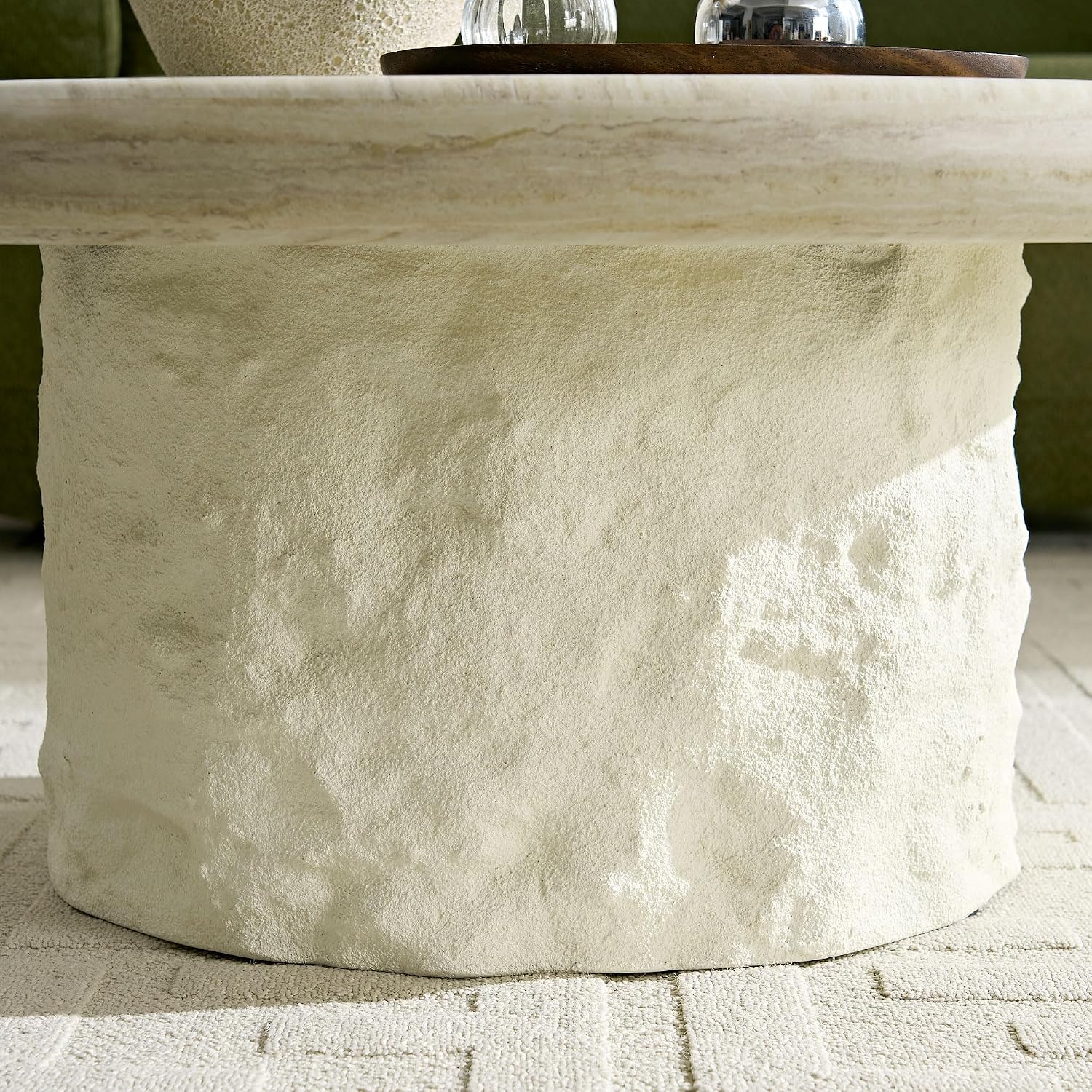 Round Coffee Table, 35.04' Fiberglass Imitation Stone Table Cement Rock Center Table for Living Room Apartment Office, No Need Assembly
