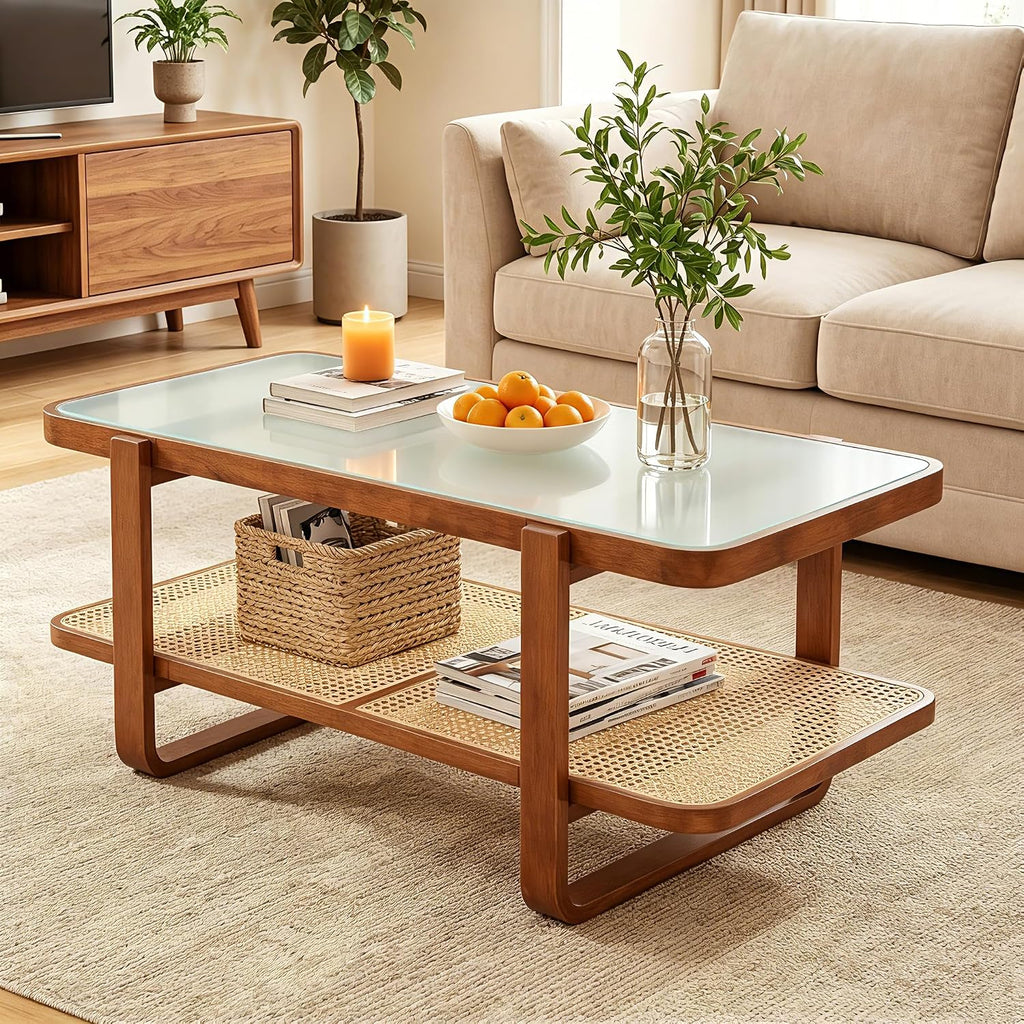Giantex Rattan Coffee Table, 41.5' Farmhouse Center Table with Storage & Frosted Tempered Glass, Wood Boho Accent Cocktail Tea Table, Modern Living Room Table for Small Spaces, Walnut