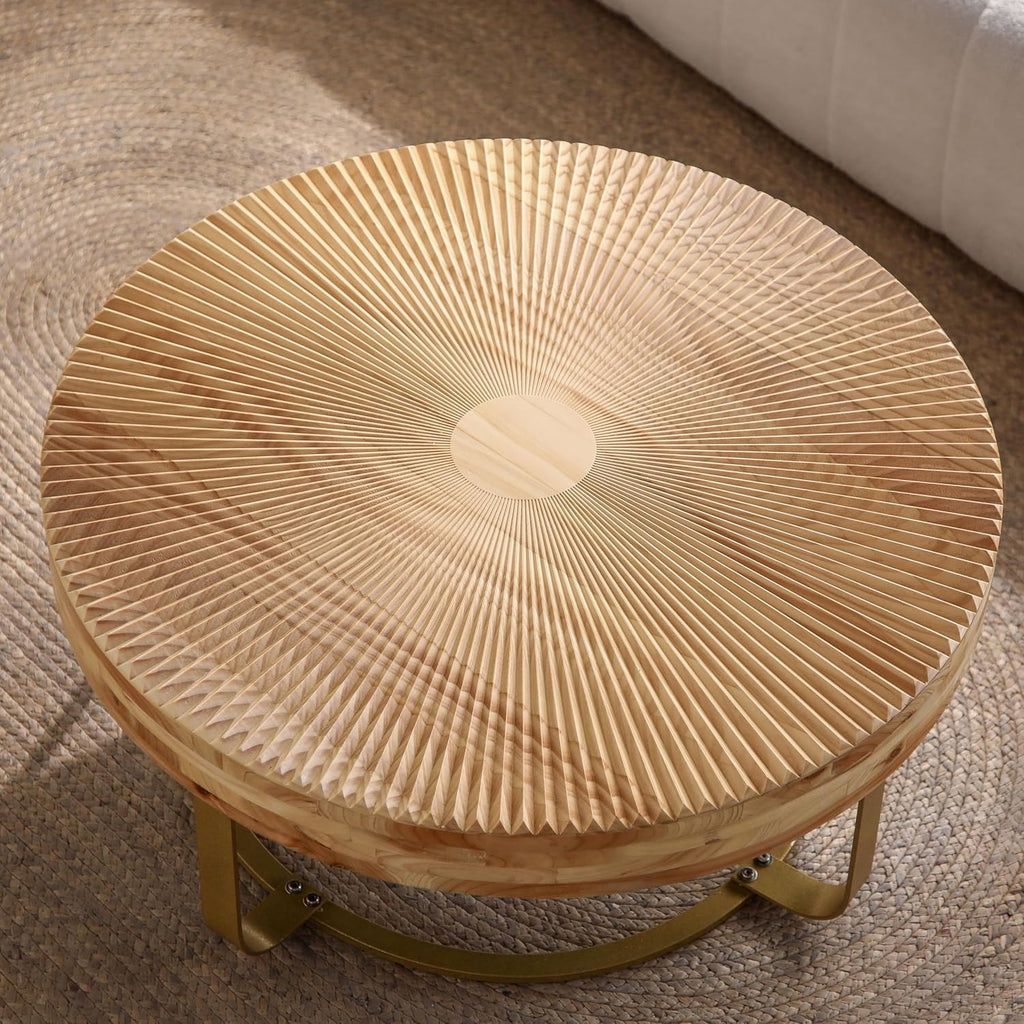 Wood Round Coffee Table, Farmhouse Circle Coffee Table with Metal Base, 31.5' Round Center Table for Living Room Office Natura