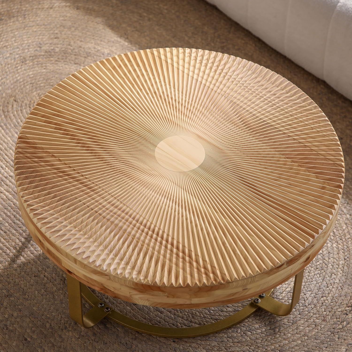 Wood Round Coffee Table, Farmhouse Circle Coffee Table with Metal Base, 31.5' Round Center Table for Living Room Office Natura