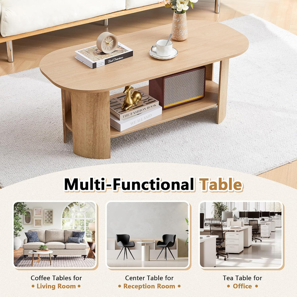 Oval Coffee Table for Living Room, 43.3' Farmhouse Coffee Tables with Storage, 2-Tier Wood Center Table with Storage Shelf Low Tea Table for Small Space, Home, Office, Easy Assembly (Natural)