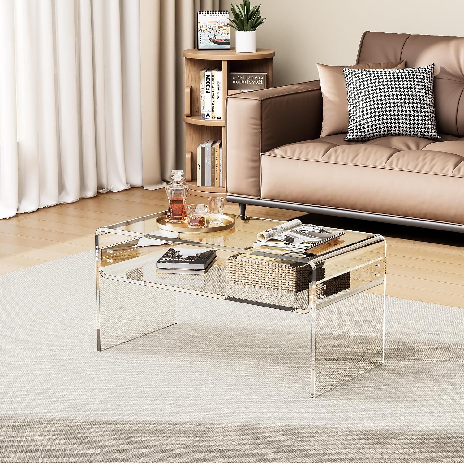 Acrylic Coffee Table for Living Room Clear Rectangle Lucite Table with Open Storage Shelf (1, Clear, Nomal)