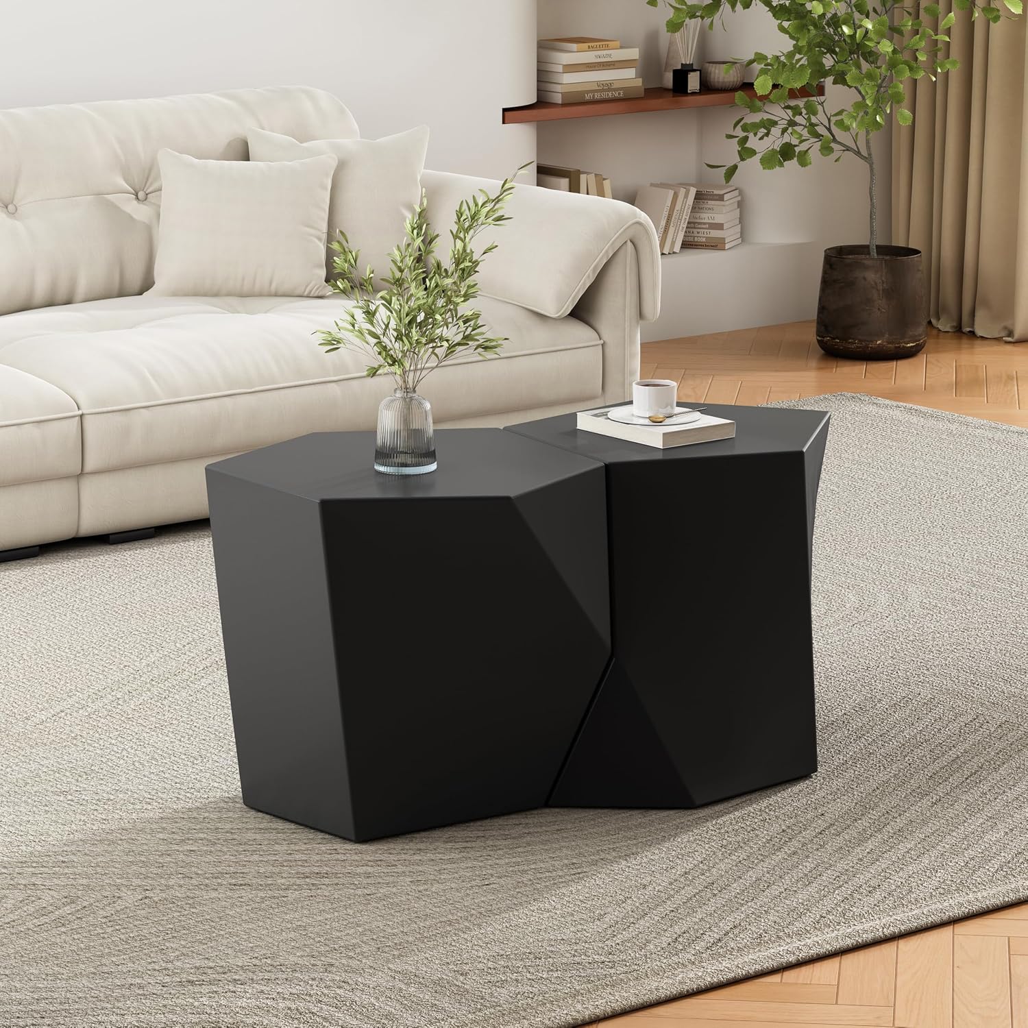 WILLIAMSPACE 30.25' Black Nesting Coffee Table Set of 2, Modern Irregular Center Tables for Living Room, Magnesium Oxide Accent Side Table for Indoor & Outdoor, No Need Assembly (Black)