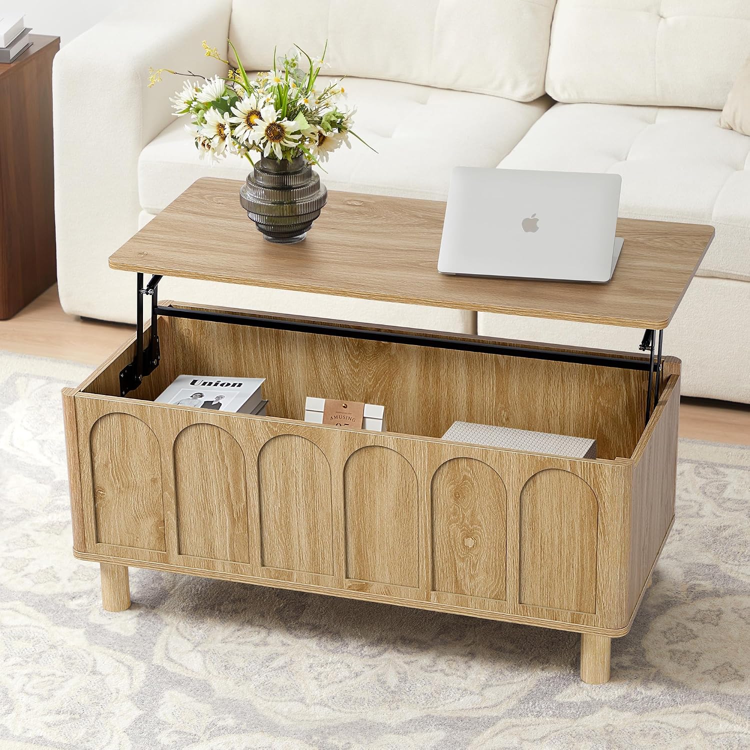 Lift Top Coffee Table with Arched Finish, Modern Coffee Table with Lifting Tabletop & Hidden Storage, Wood Center Table for Living Room,Convenient for Dining, Gaming or Working (Natural)