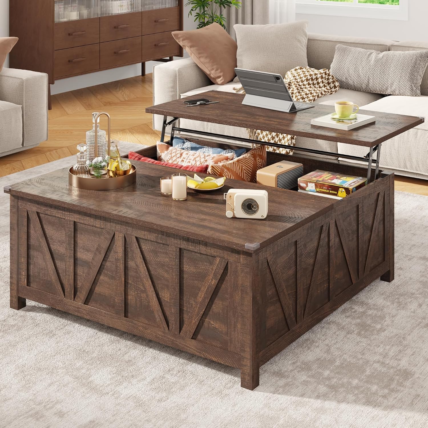 chartustriable 43.3' Lift Top Coffee Table with Storage, Farmhouse Coffee Table with Large Hidden Storage Compartment and Shelves，Square Center Tables for Living Room, Tea Table Dark Brown