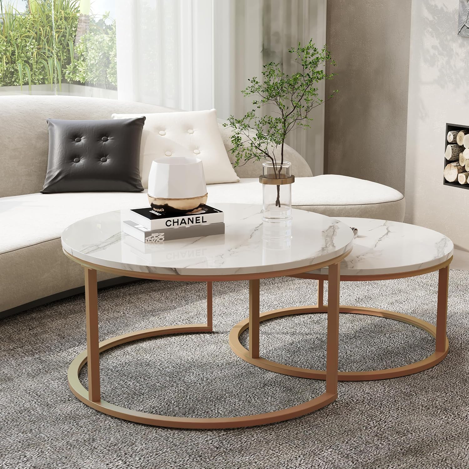 WiberWi Round Coffee Table Nesting Tables Set of 2, Large : Ø 34.0', Small : Ø 26.0', Modern Design Coffee Tables for Living Room, Gold Metal Frame Circle Cocktail Table, High Glossy Faux White Marble
