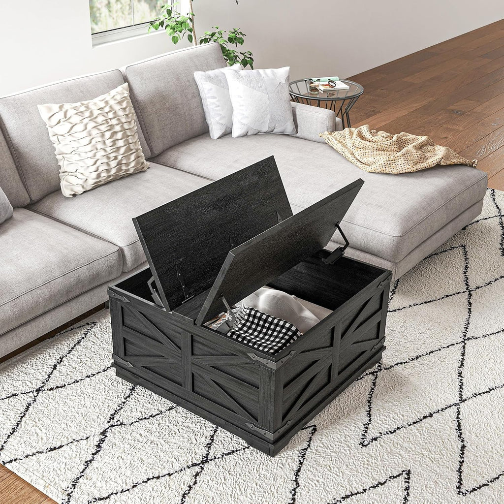 HOMCOM Farmhouse Coffee Table with Storage, Center Table with Hinged Lift Top and Hidden Space, Square Coffee Table for Living Room, Distressed Black