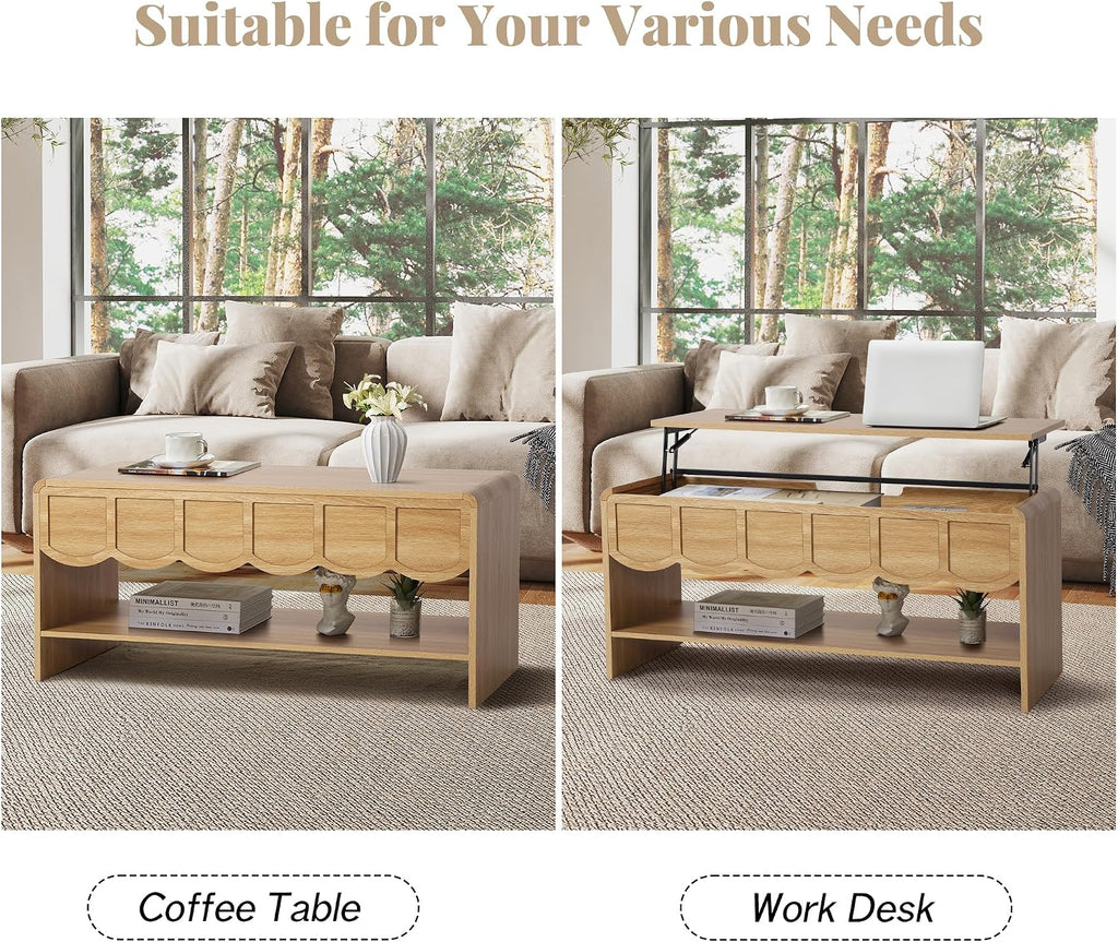Lift Top Coffee Table with Hidden Compartment, 2 Tier Wooden Center Table with Wave Panel, Modern Lift Tabletop for Home Living Room Office, Natural