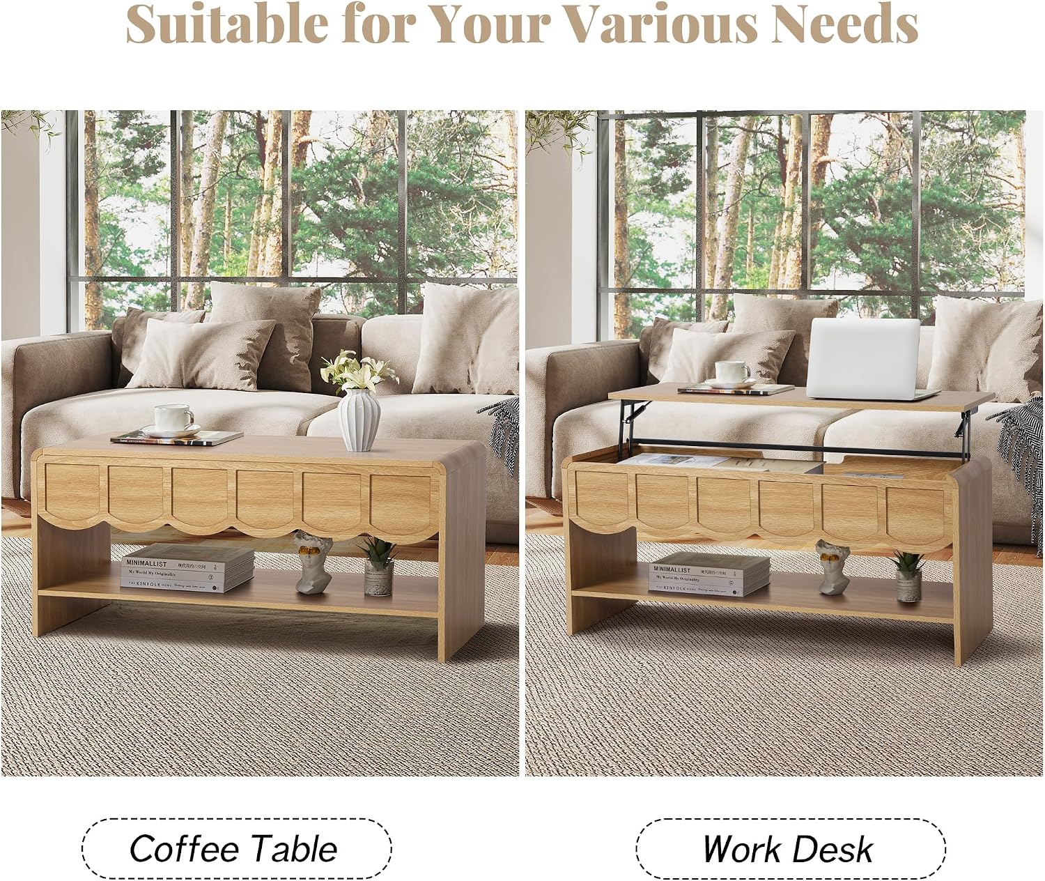 Lift Top Coffee Table with Hidden Compartment, 2 Tier Wooden Center Table with Wave Panel, Modern Lift Tabletop for Home Living Room Office, Natural