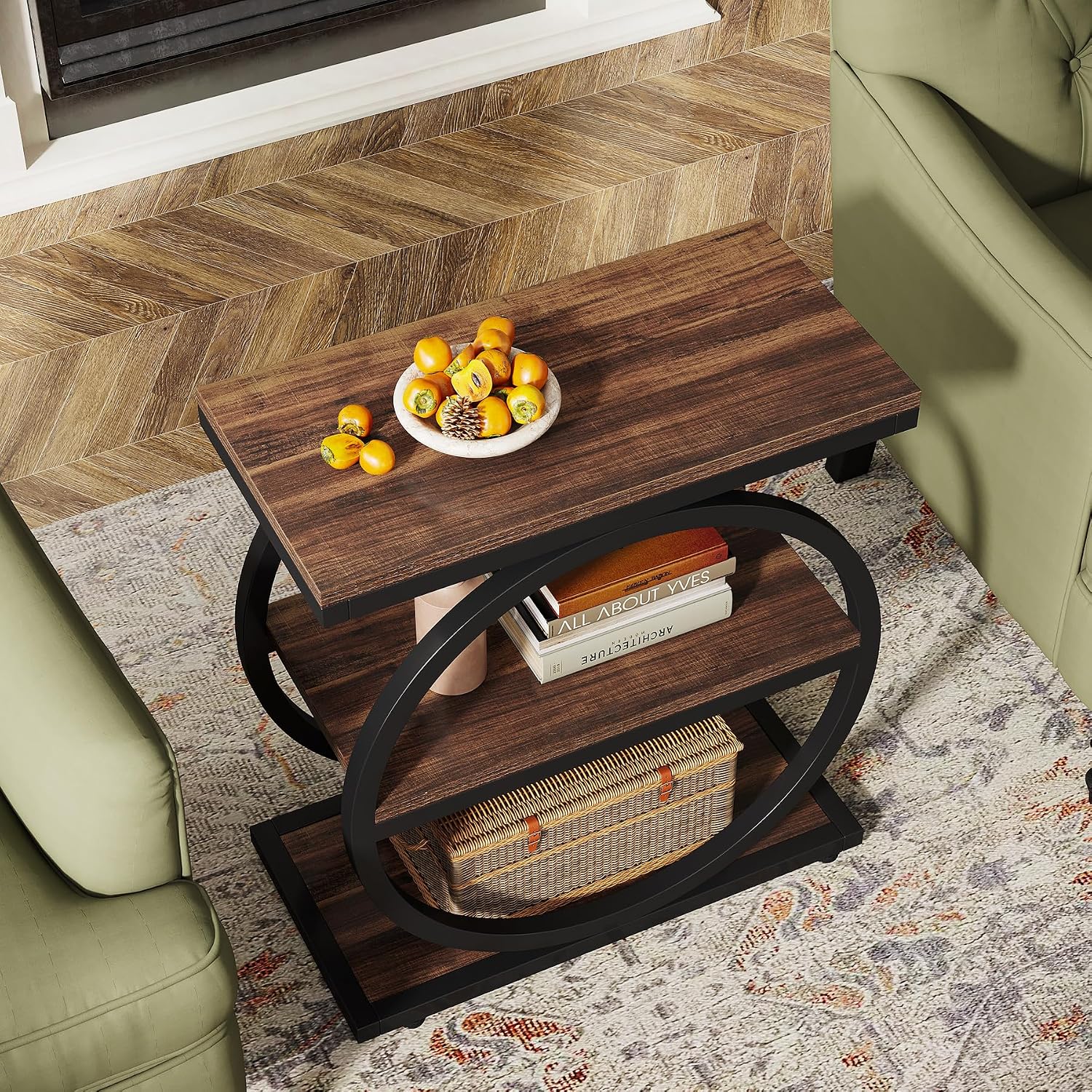 Tribesigns End Table Set of 2, Narrow End Table with 3 Storage Shelves, Wooden Side Table, Industrial Small Sofa Side Table for Living Room, Slim Nightstand and Bedside Table for Bedroom