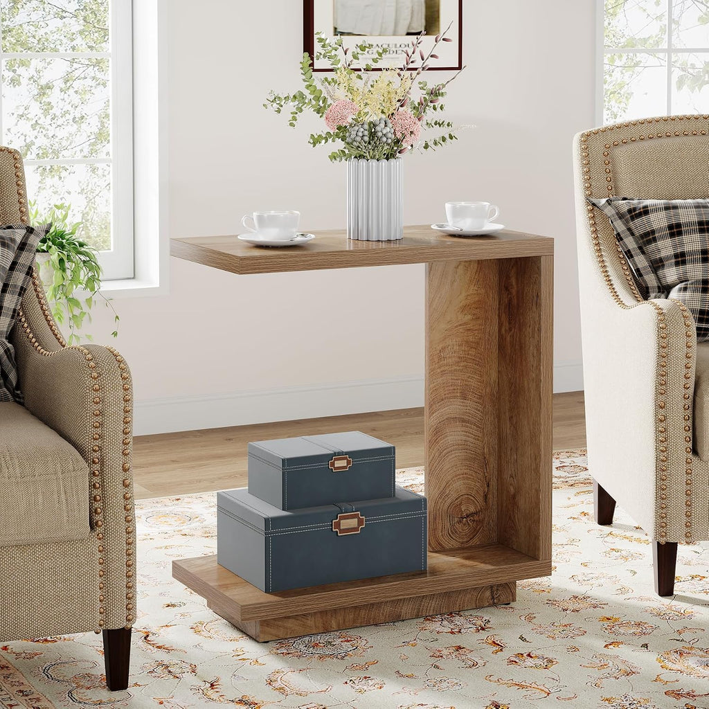 Tribesigns C-Shaped Side Table for Couch, 2-Tier Narrow End Table with Sturdy Pedestal, Industrial Sofa End Table for Living Room, Bedroom, Brown, (Set of 2)