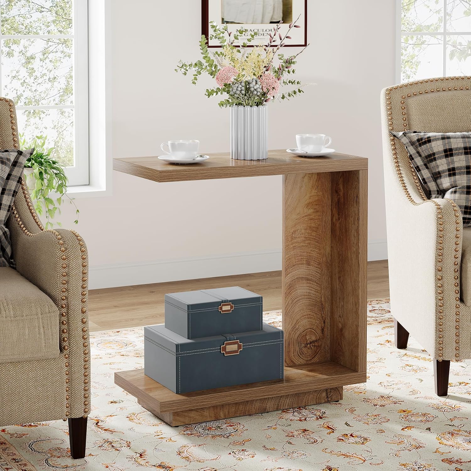 Tribesigns C-Shaped Side Table for Couch, 2-Tier Narrow End Table with Sturdy Pedestal, Industrial Sofa End Table for Living Room, Bedroom, Brown, (Set of 2)